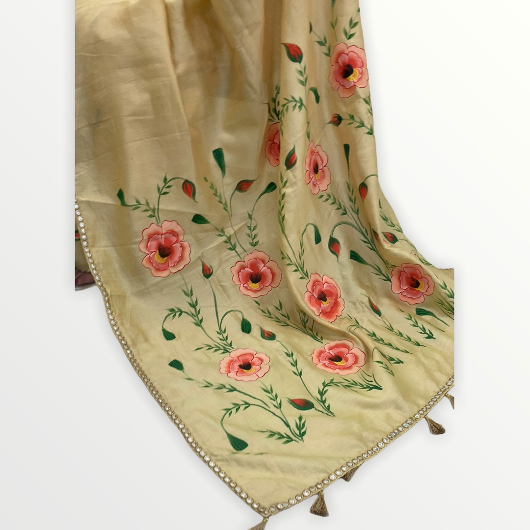 Chanderi Hand-Painted Saree with Flowers - Beige Gold