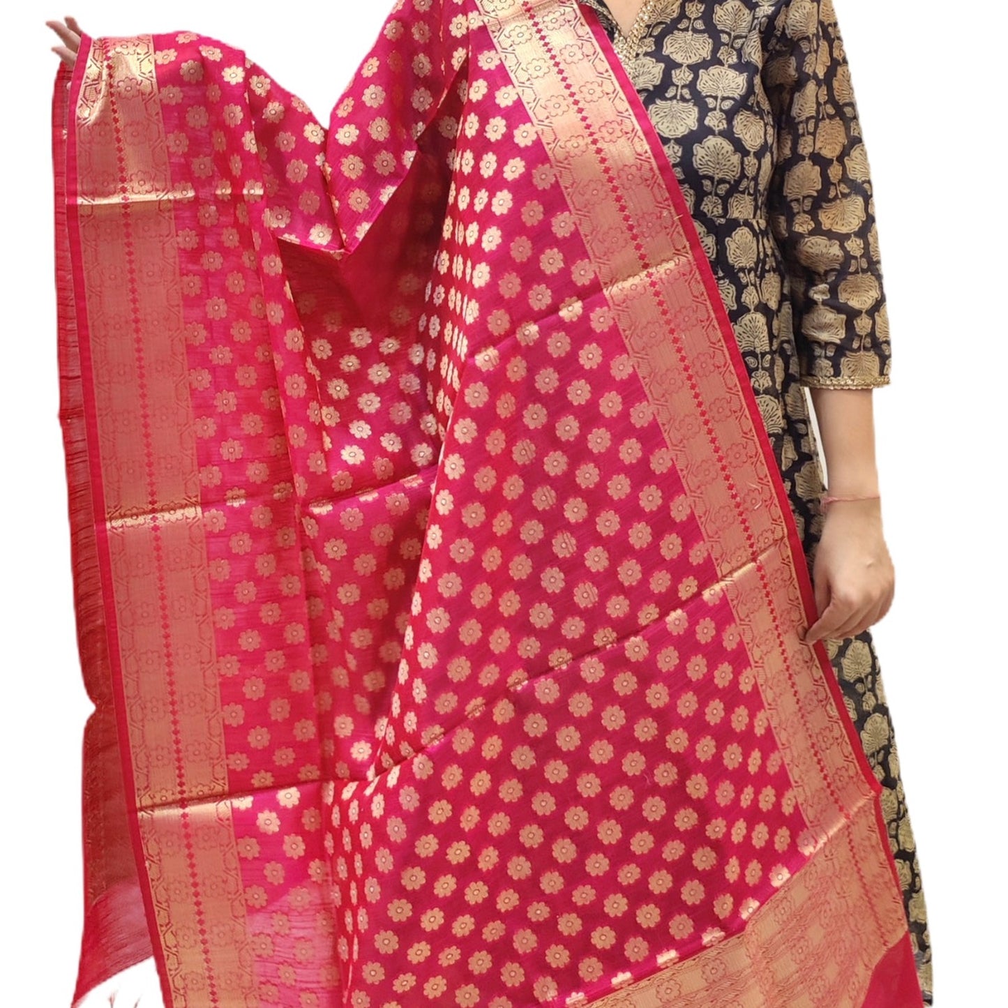 Banarasi Cotton Silk With Flower Butti Dupatta- Pink