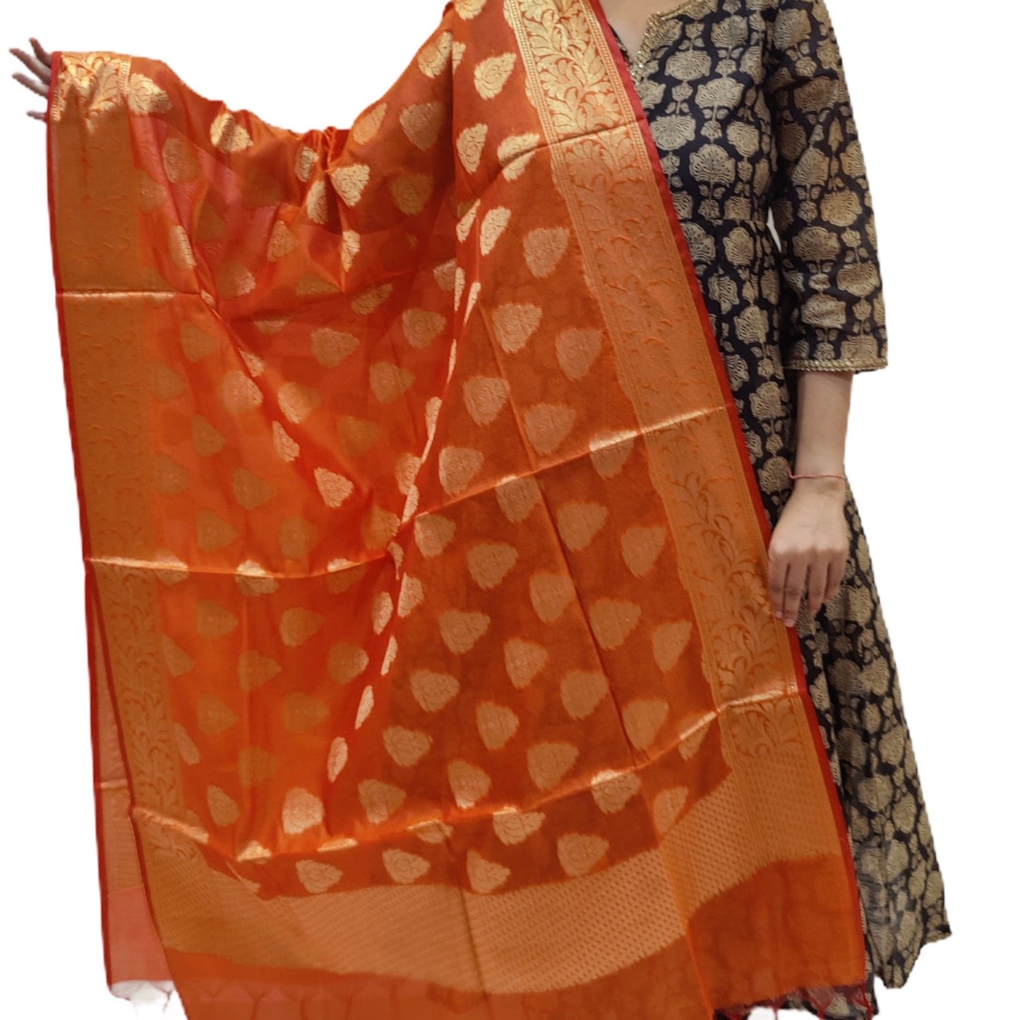 Banarasi Cotton Silk With Butti Pattern Jaal Dupatta- Orange