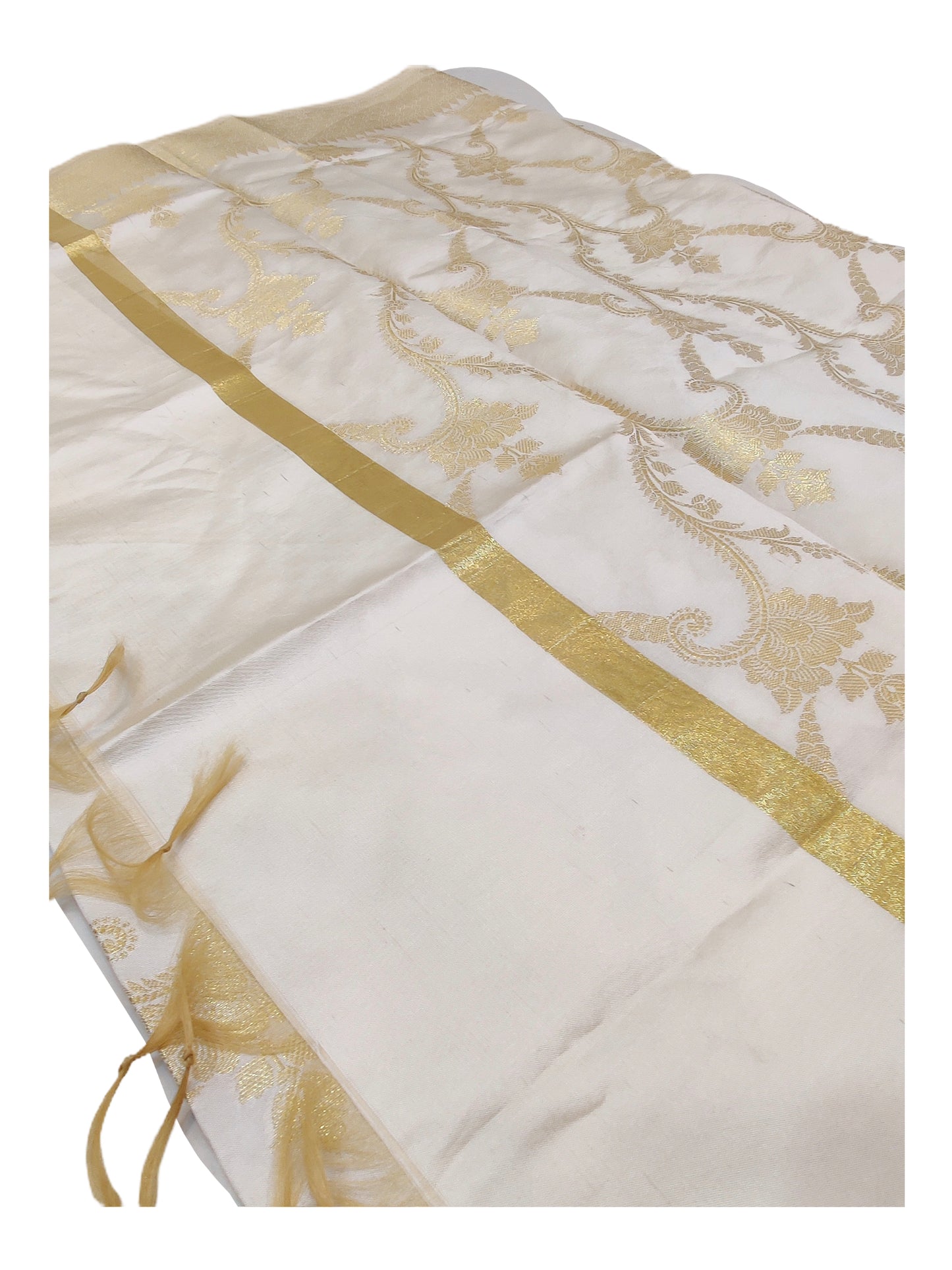 Banarasi Cotton Silk With Floral and Leaf Jaal Dupatta- White