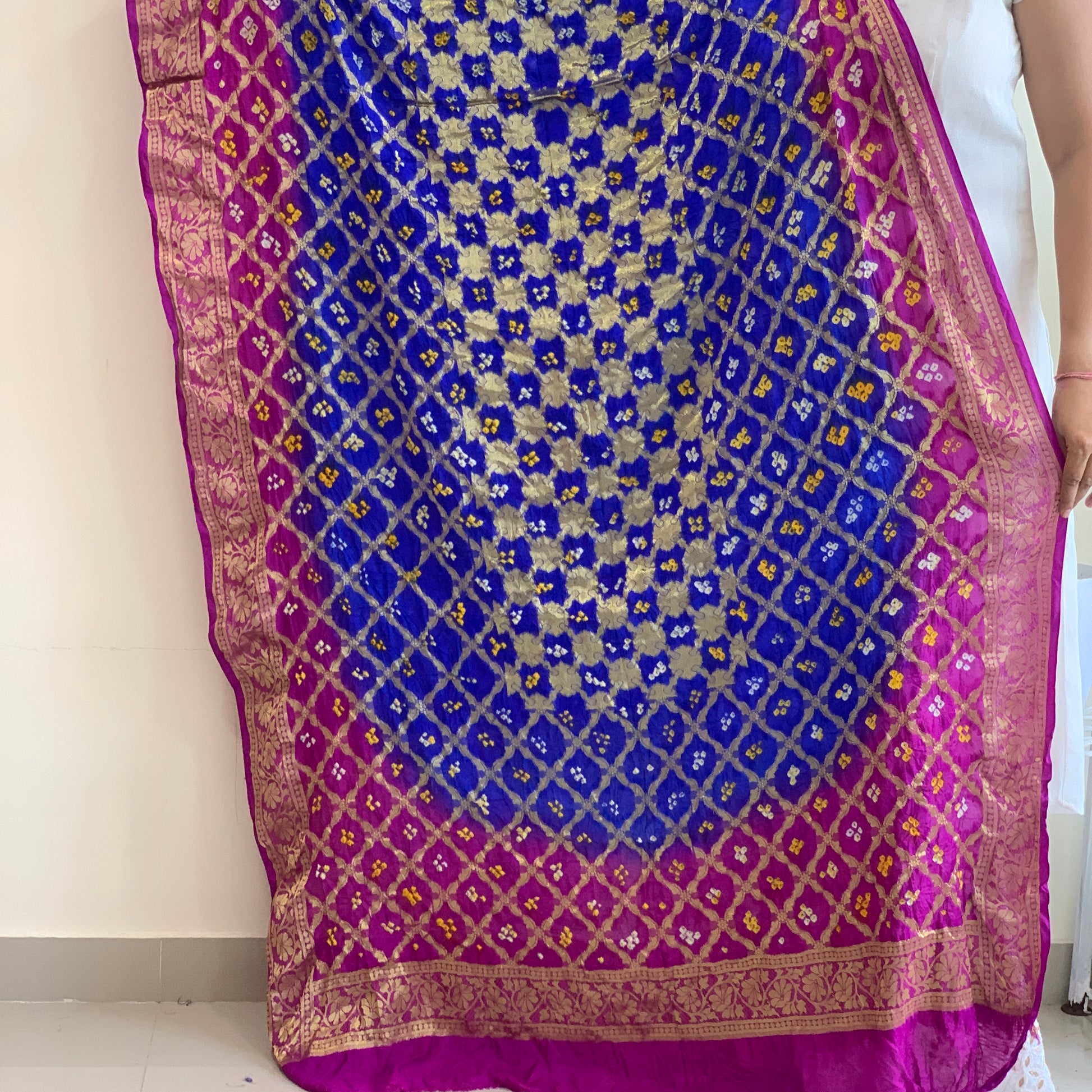 blue and fuschia pink art silk bandhani banarasi dupatta