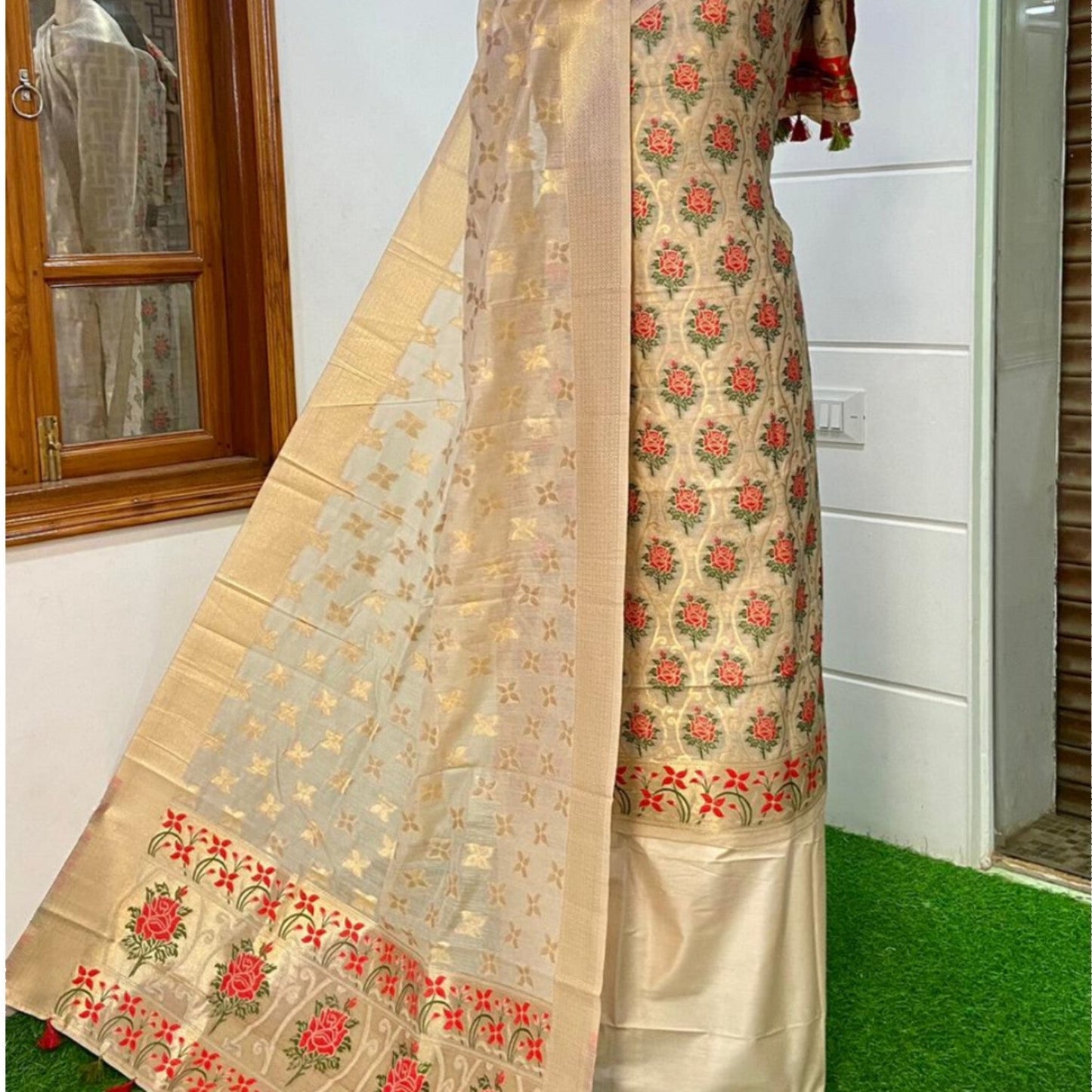 Banarasi Cotton Silk Unstitched Salwar Suit Fabric - Cream and gold