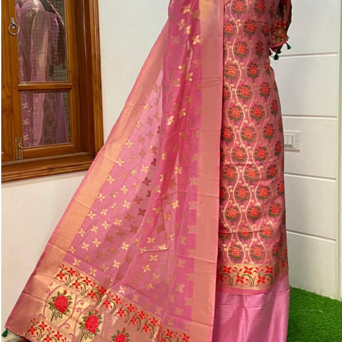banarasi cotton dress material GLITTHREADS Women's Black & Red Color Banarasi Cotton Silk Un-stiched Dress Material Glitthreads