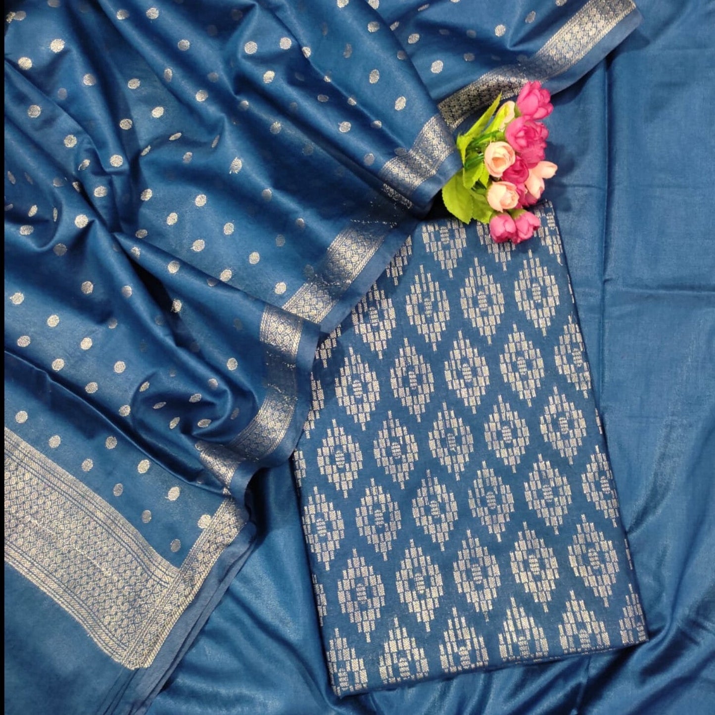 Banarasi Malbari Cotton Silk Unstitched Suit Material - Black/Purple (Various Colours available)
