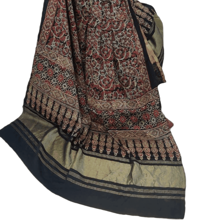 Modal Silk Ajrakh Zari Dupatta- Black and Brown