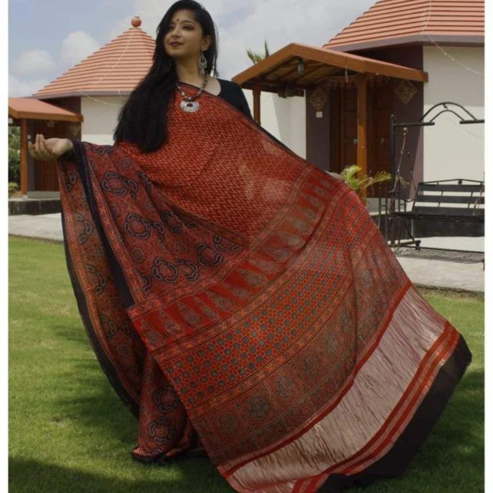 Modal Silk Ajrakh Saree with Zari Pallu -  Brick Red