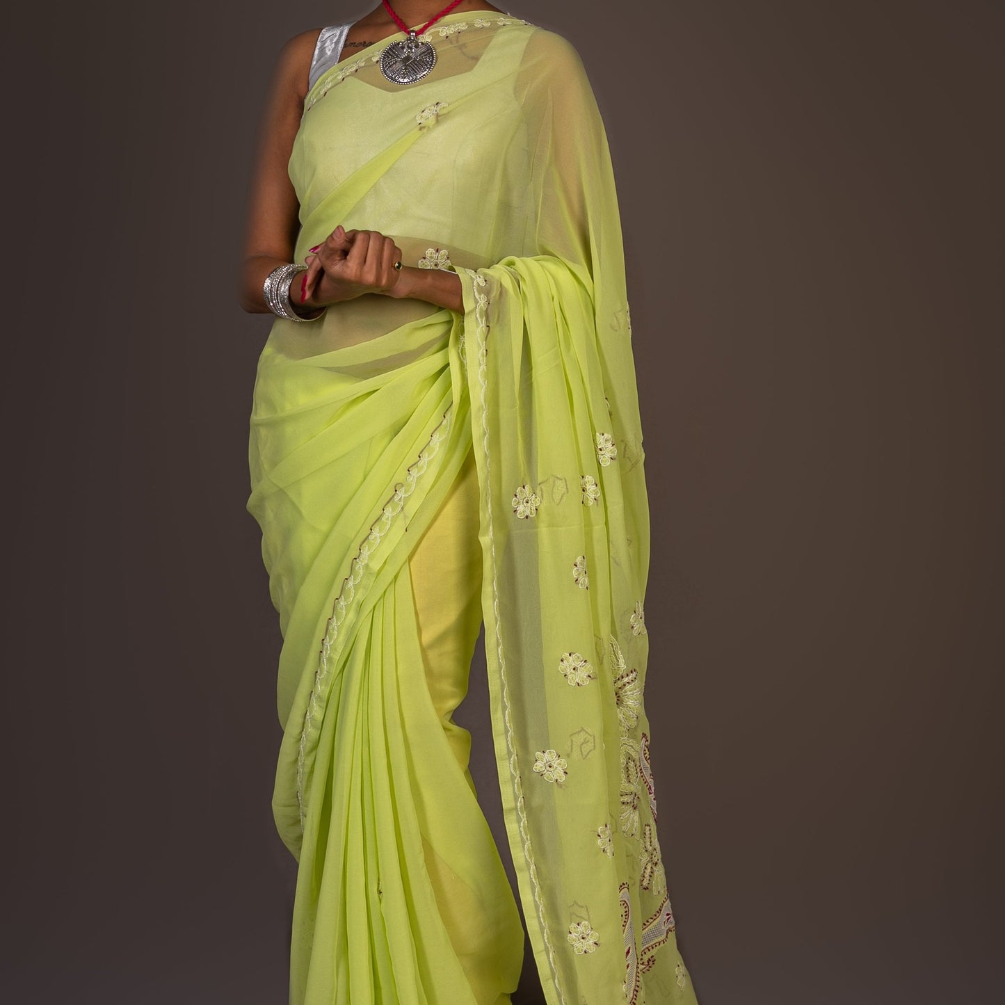 Georgette Light Chikankari Saree With Net work on Pallu- yellow