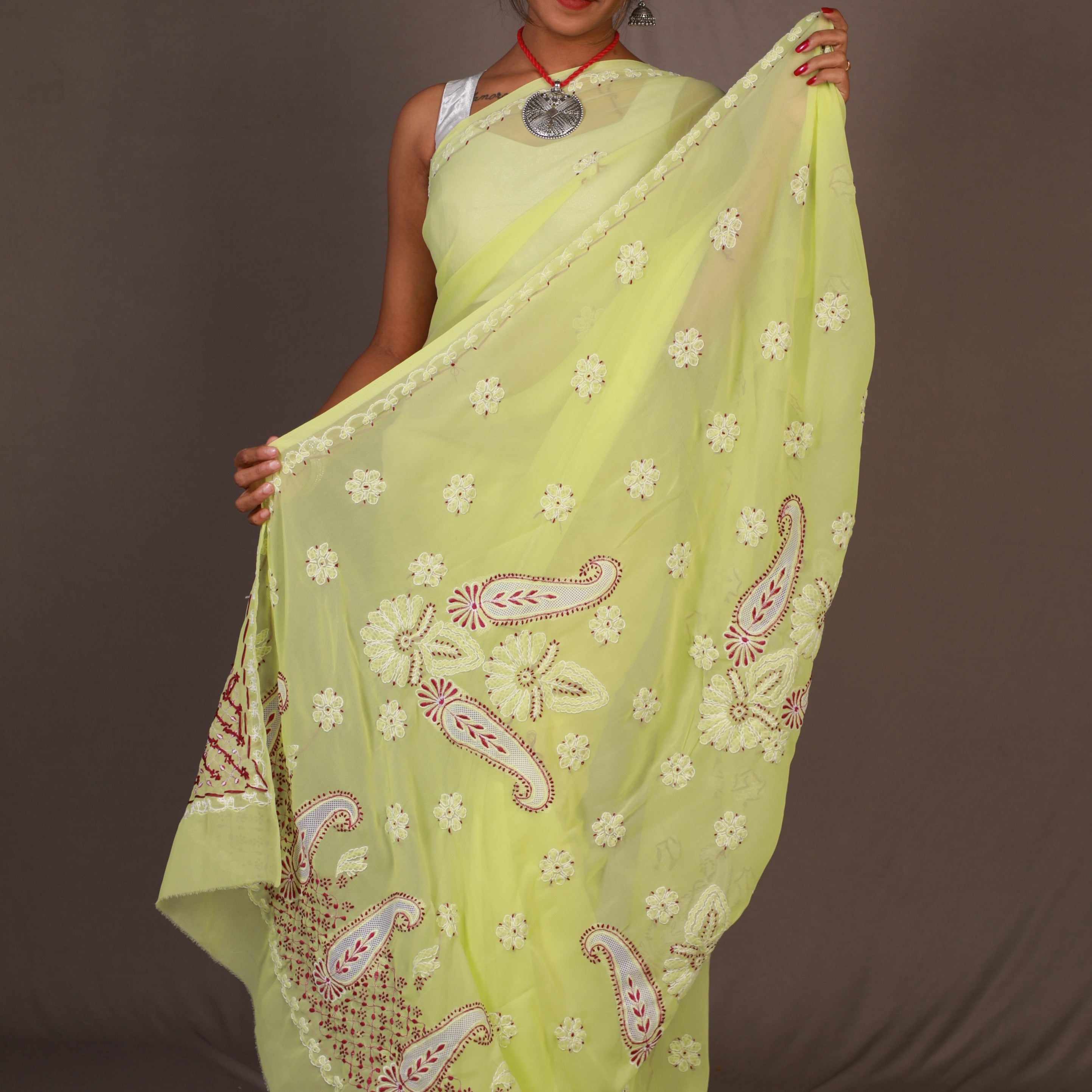 Georgette Light Chikankari Saree With Net work on Pallu- yellow