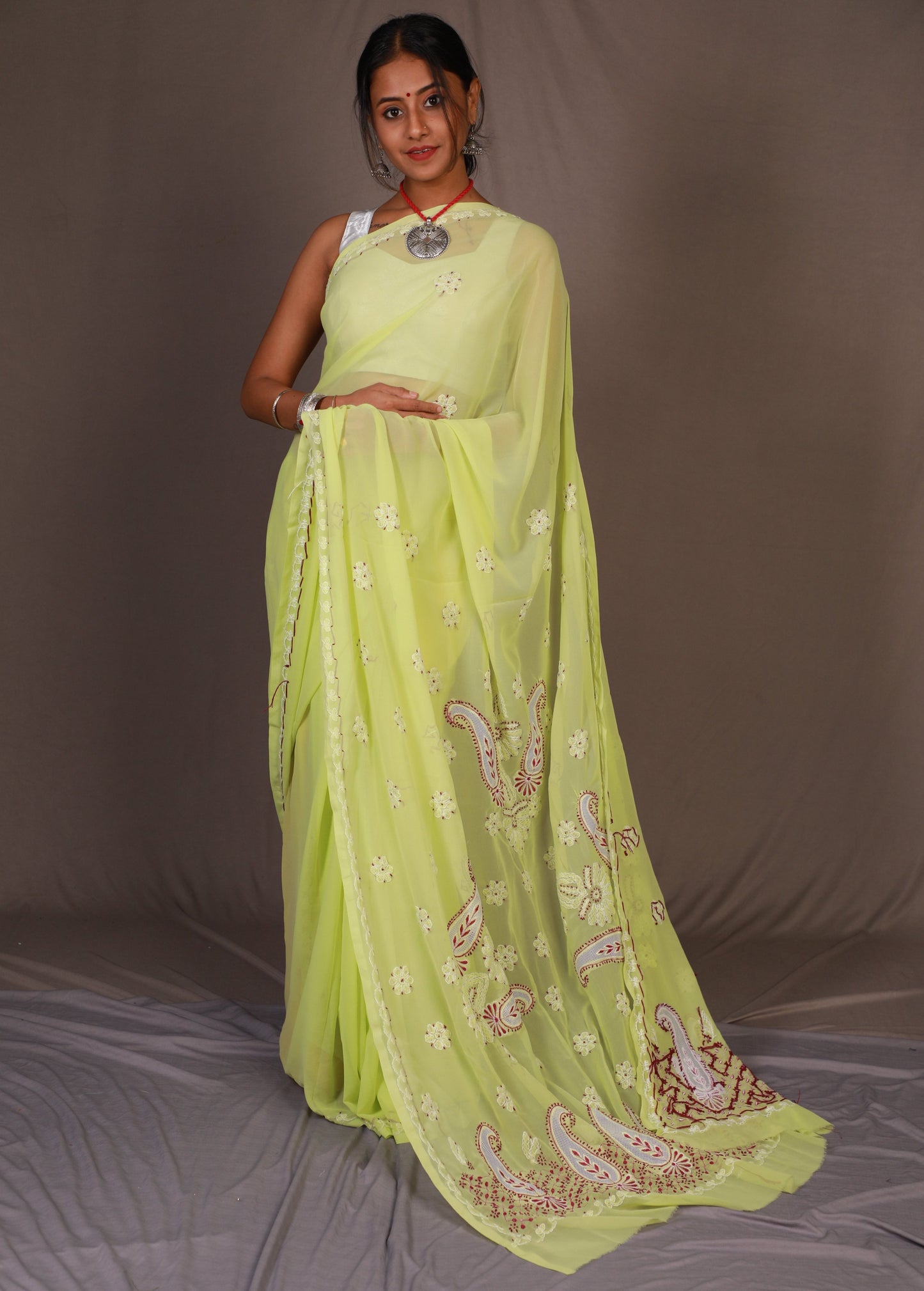 Georgette Light Chikankari Saree With Net work on Pallu- yellow