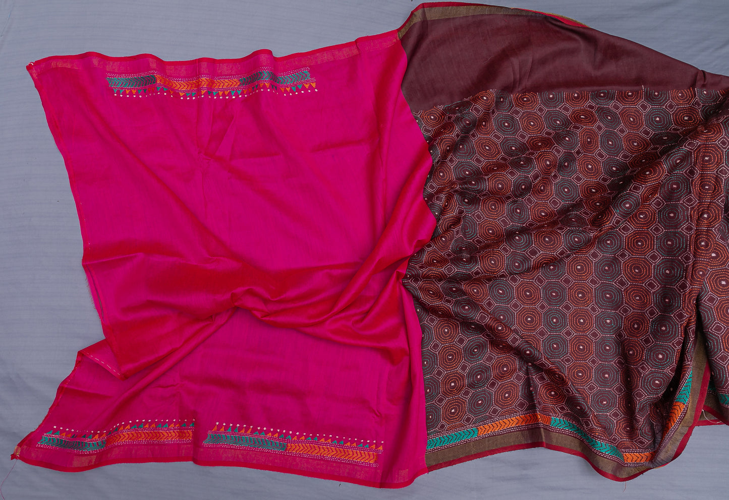 Jamdani Silk Kantha embroidery Saree- Brownish Red