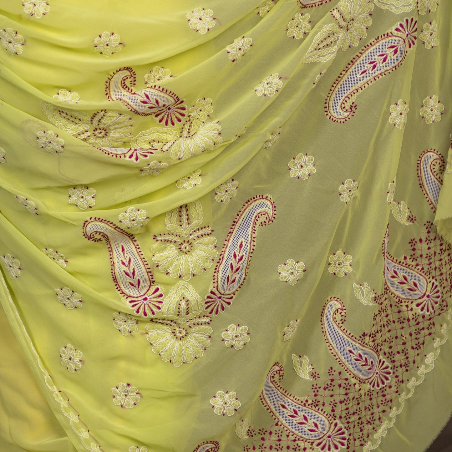 Georgette Light Chikankari Saree With Net work on Pallu- yellow