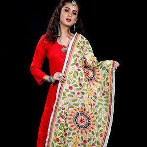 Pure Tussar Silk Kantha Stole - Off White