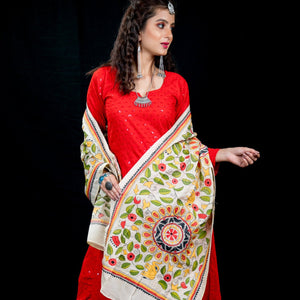 Pure Tussar Silk Kantha Stole - Off White