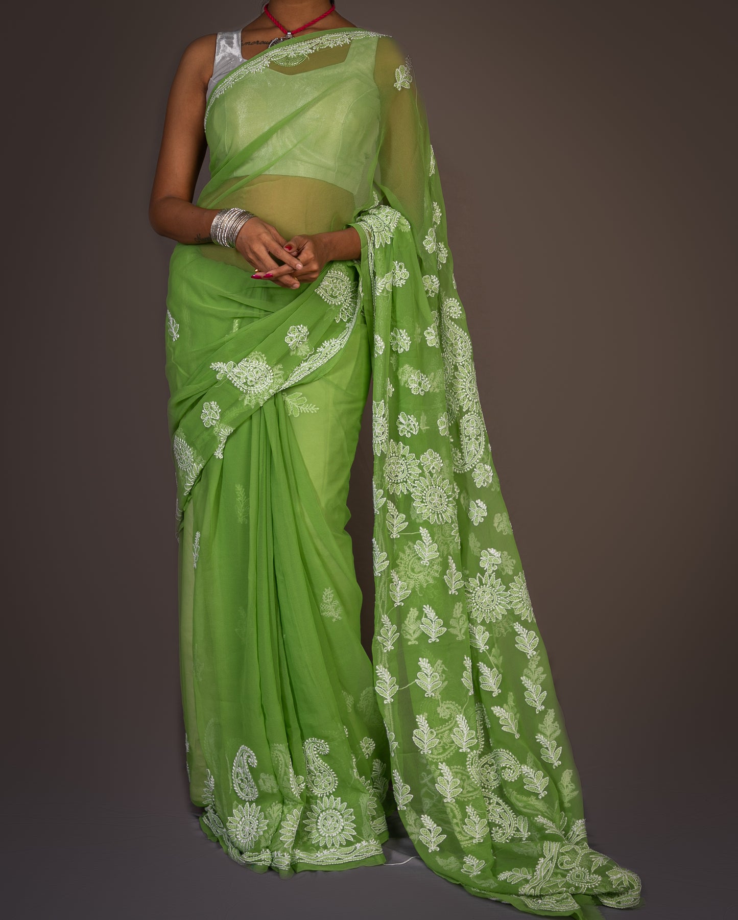 Georgette Light Chikankari Saree - Light Green