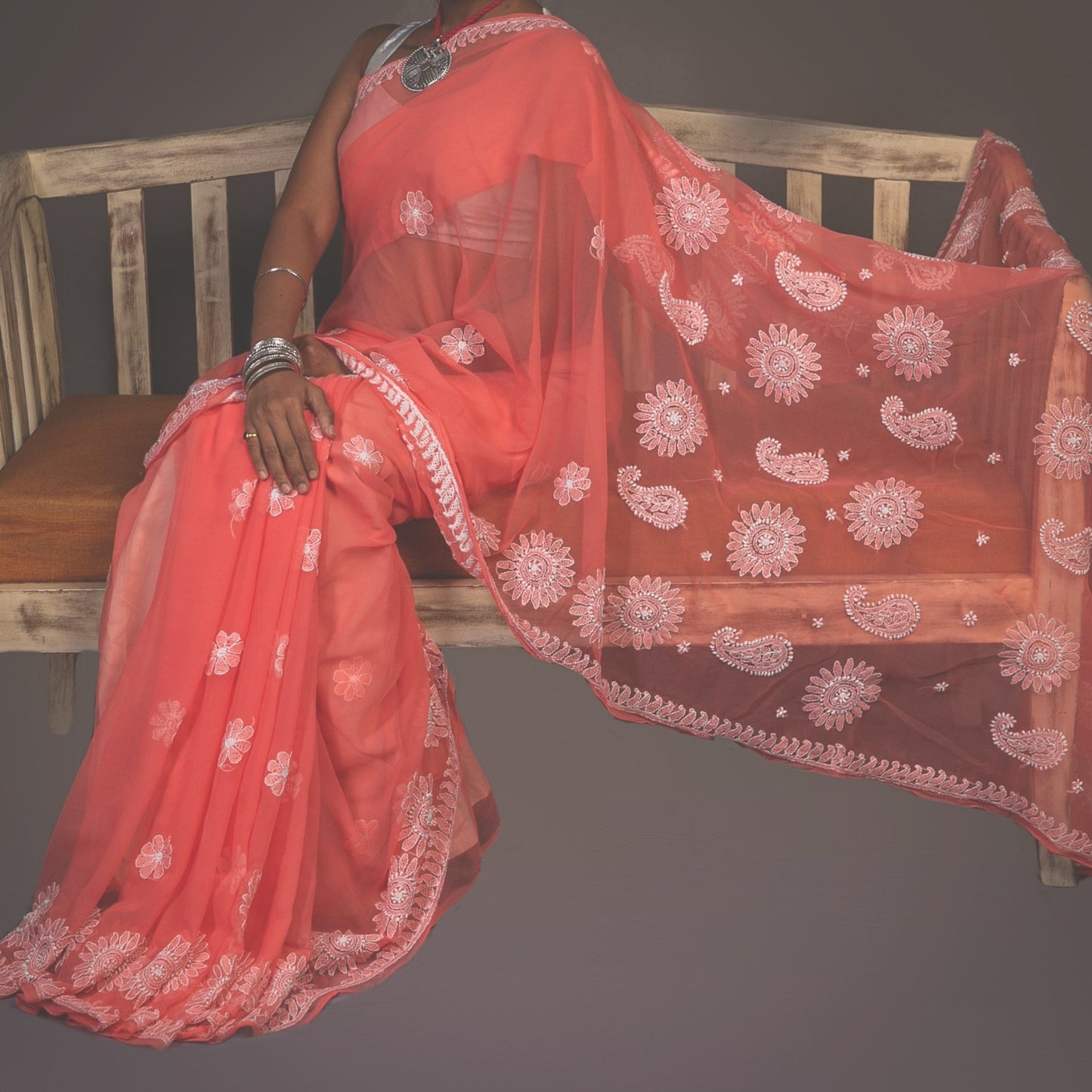 Georgette Light Chikankari Saree - Peach