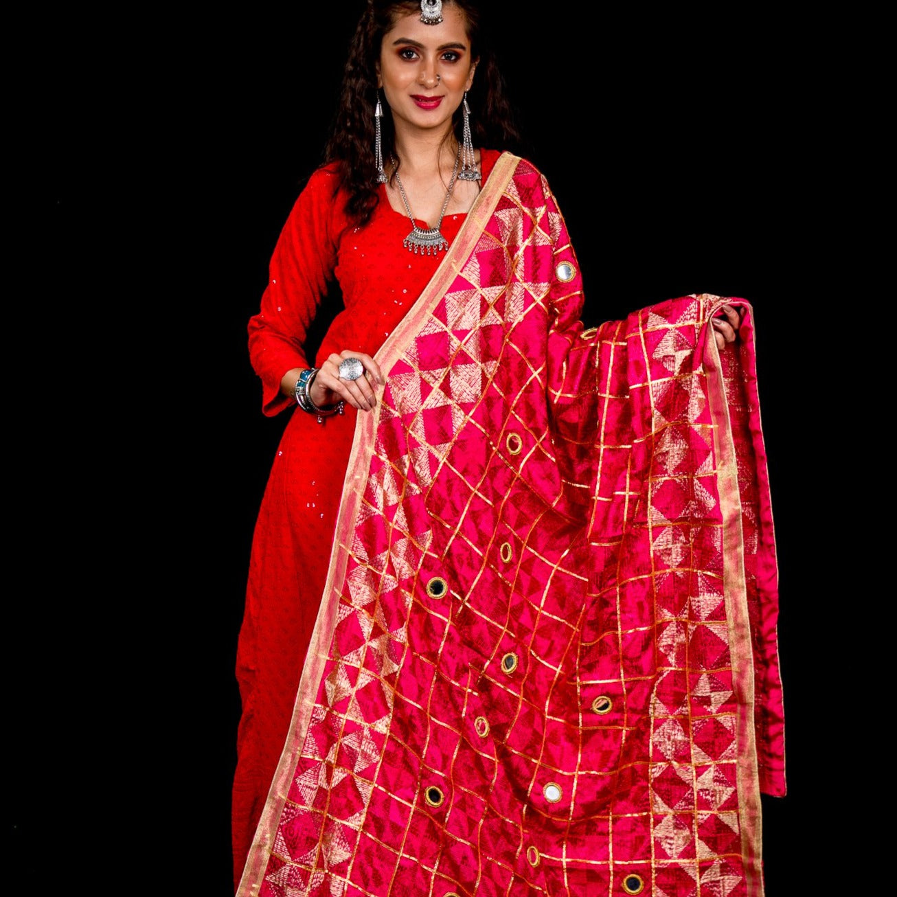 Phulkari Chinnon Dupatta with embroidery and mirror - Pink