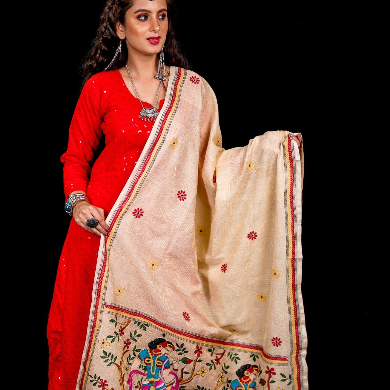 Pure Tussar Silk Kantha Stitch dupatta - Cream - Shakuntala