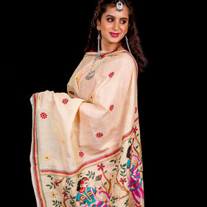 Pure Tussar Silk Kantha Stitch dupatta - Cream - Shakuntala