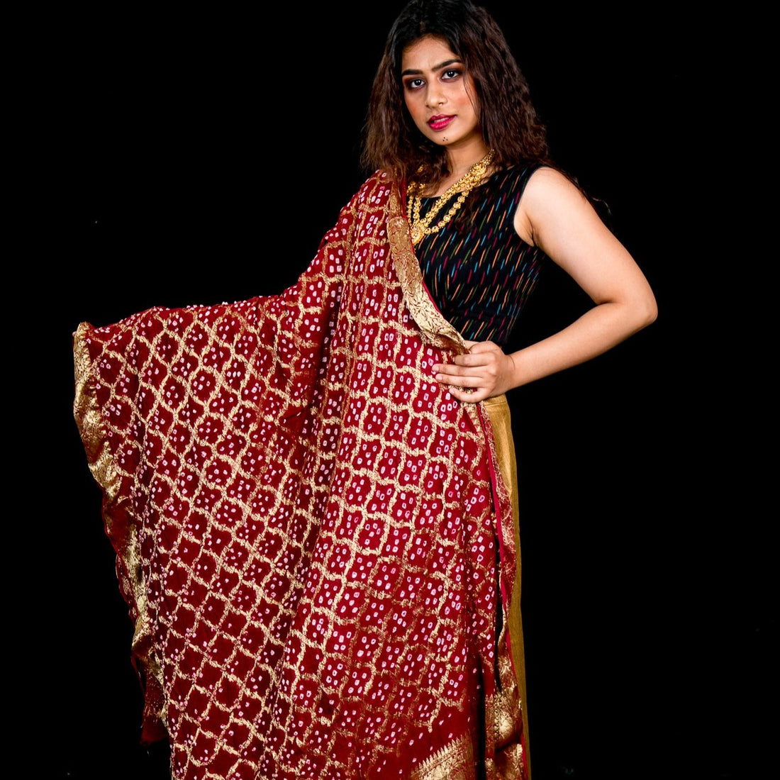 Pure Georgette Bandhani Banarasi Dupatta - Maroon – Phulari