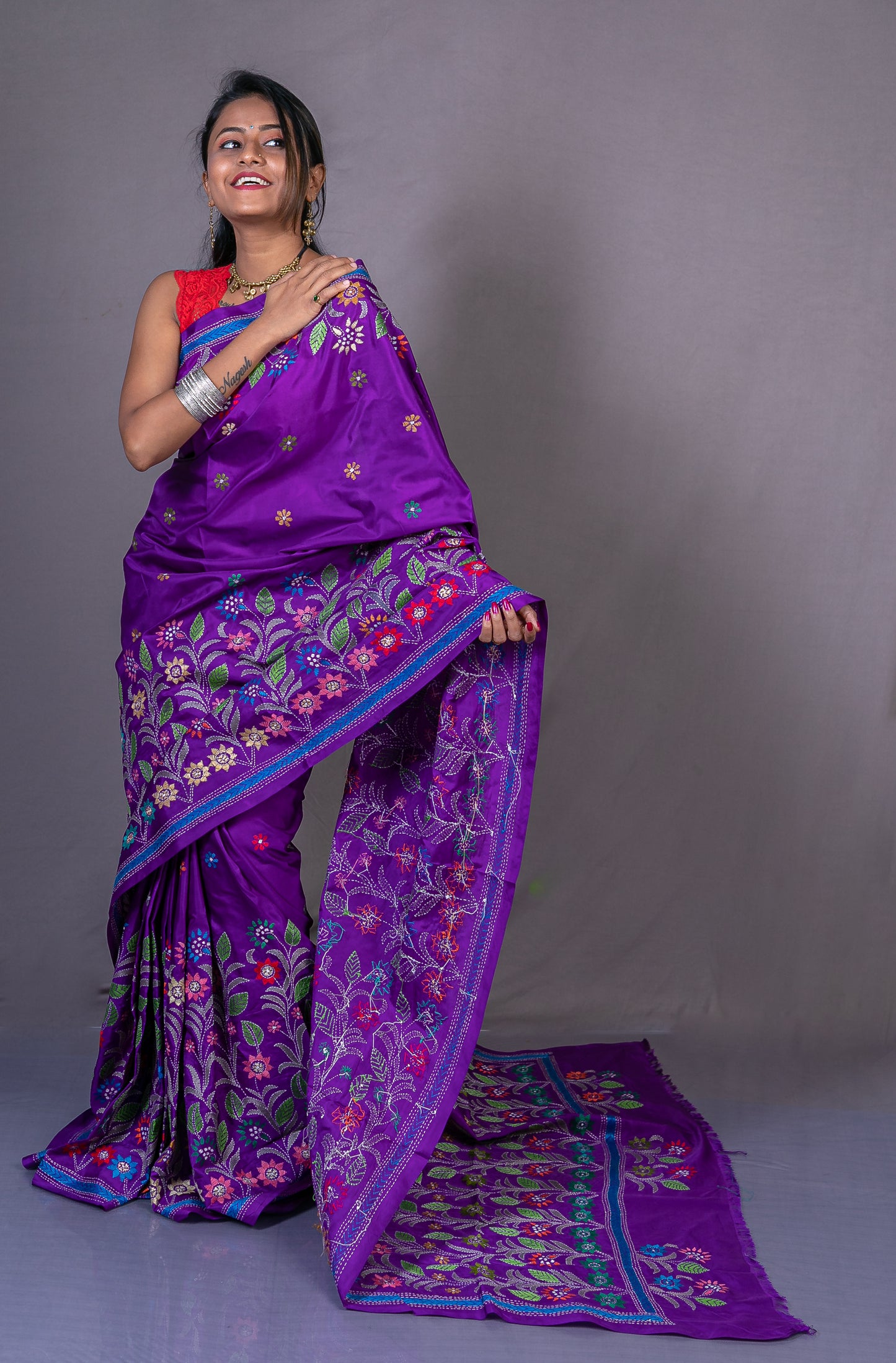Hand-embroidered Art Silk Kantha Saree- Purple