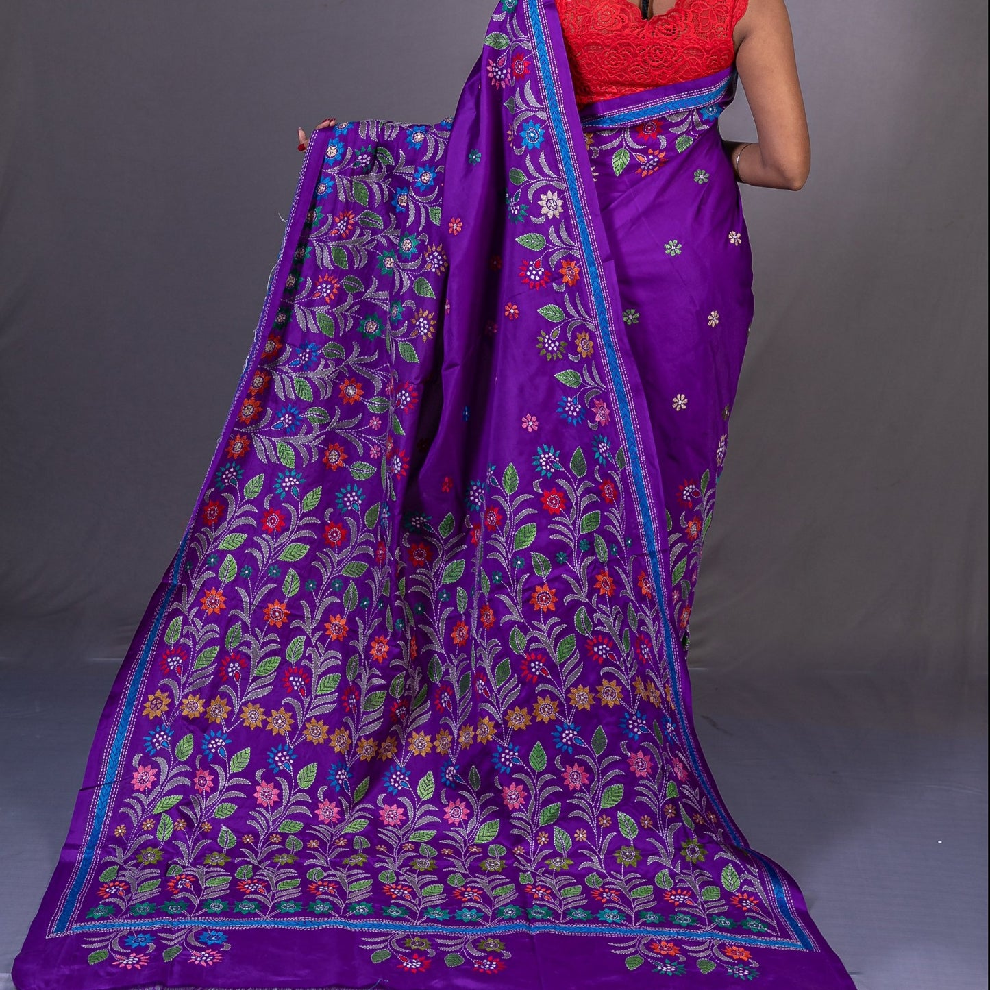 Hand-embroidered Art Silk Kantha Saree- Purple