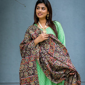 Chennur (Chenoori Silk) hand block Kalamkari dupatta - BrownChennur (Chenoori Silk) hand block Kalamkari dupatta - Brown