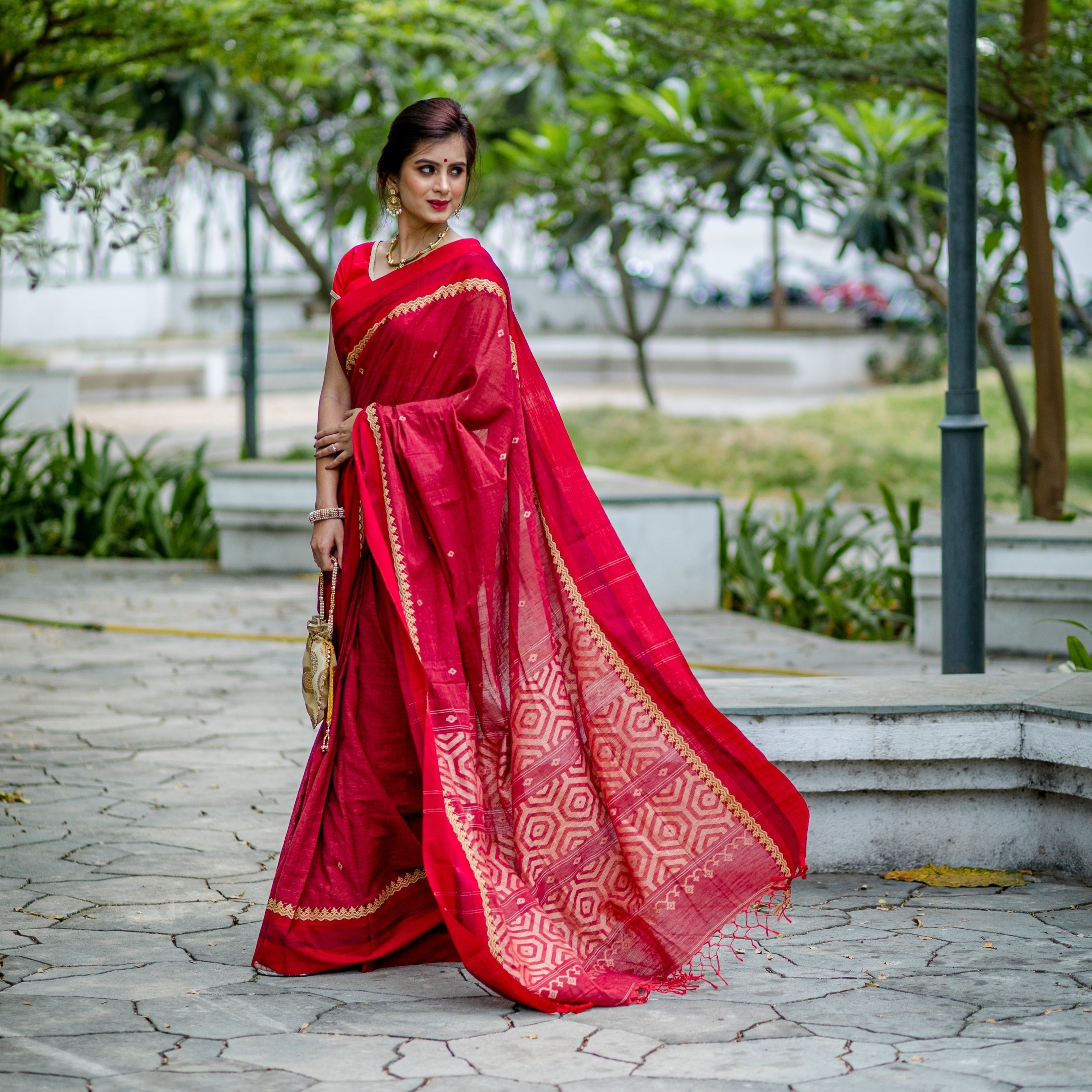 Brick Red Pure Tussar Silk Saree