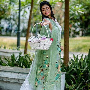 Organza Hand-painted Dupatta - Light Green