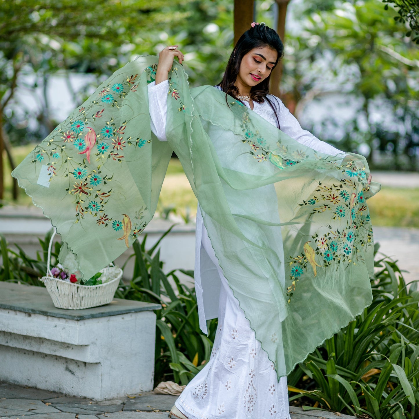 Organza Hand-painted Dupatta - Light Green