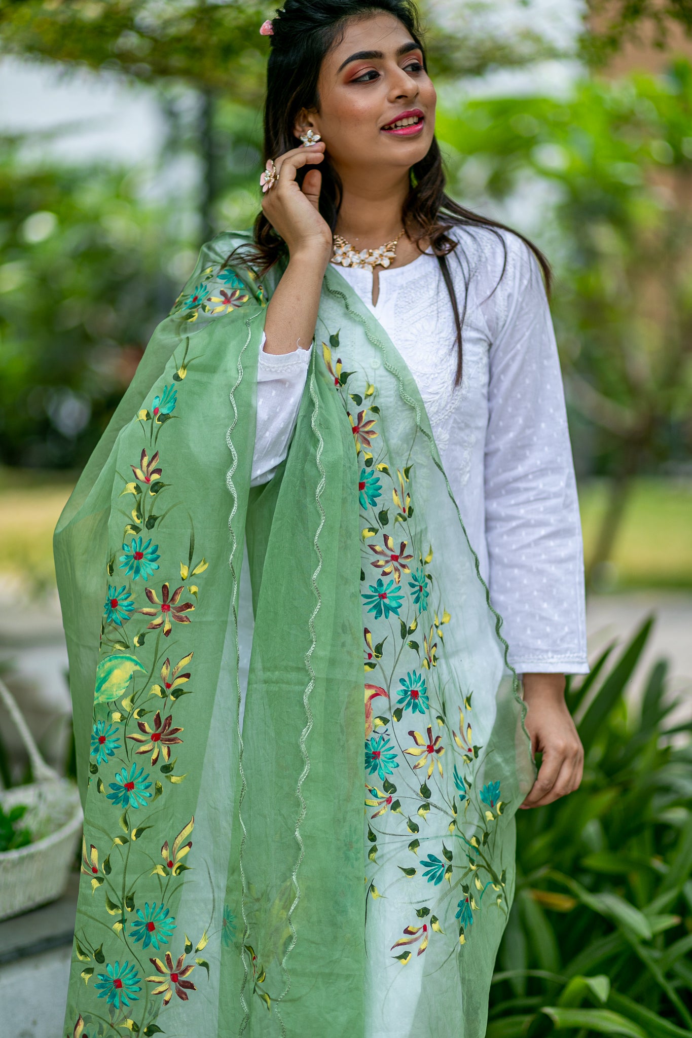 Organza Hand-painted Dupatta - Birds on Flowers - Olive Green
