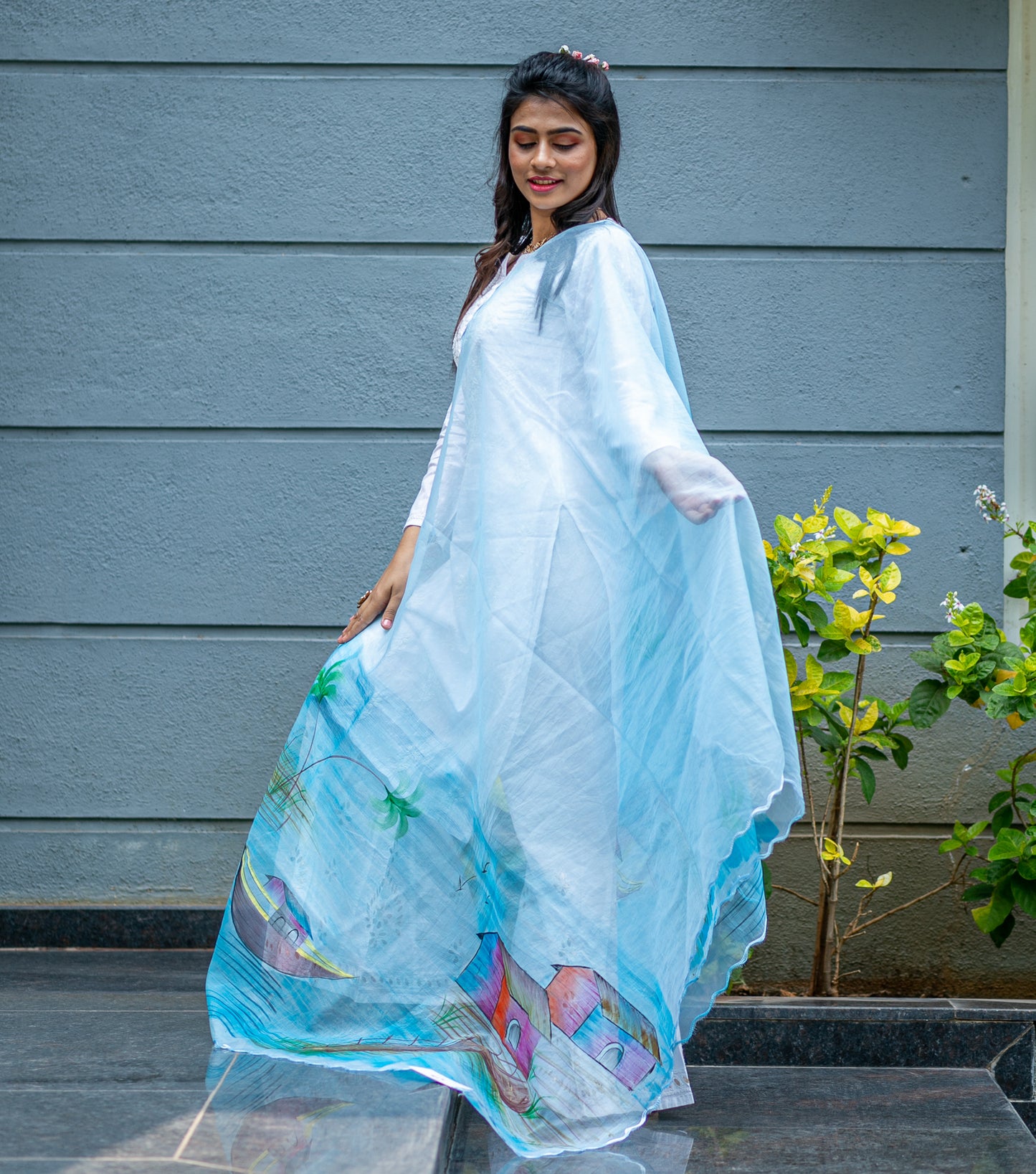 Organza Hand-painted Dupatta - Seaside - Light Blue