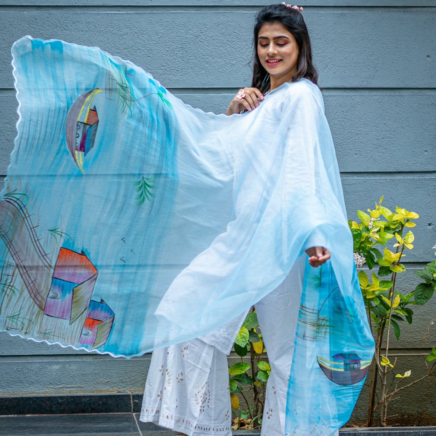 Organza Hand-painted Dupatta - Seaside - Light Blue