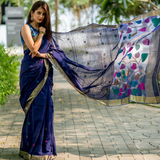 Pure Muslin Pallu Jamdani Hand-work Saree - Violet Blue