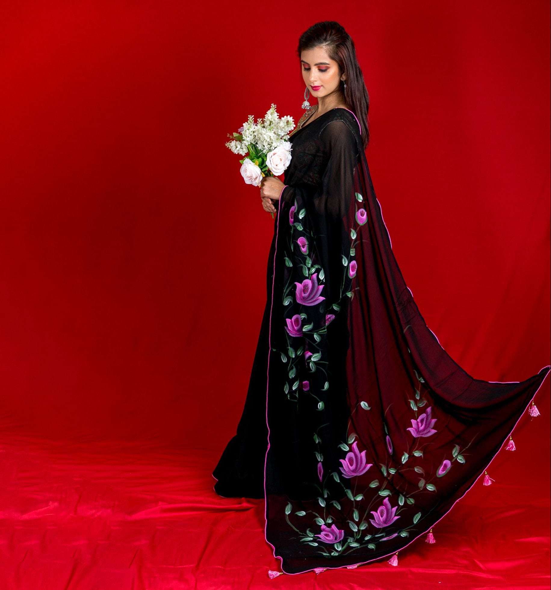 Georgette Hand-Painted Saree - Roses - Black