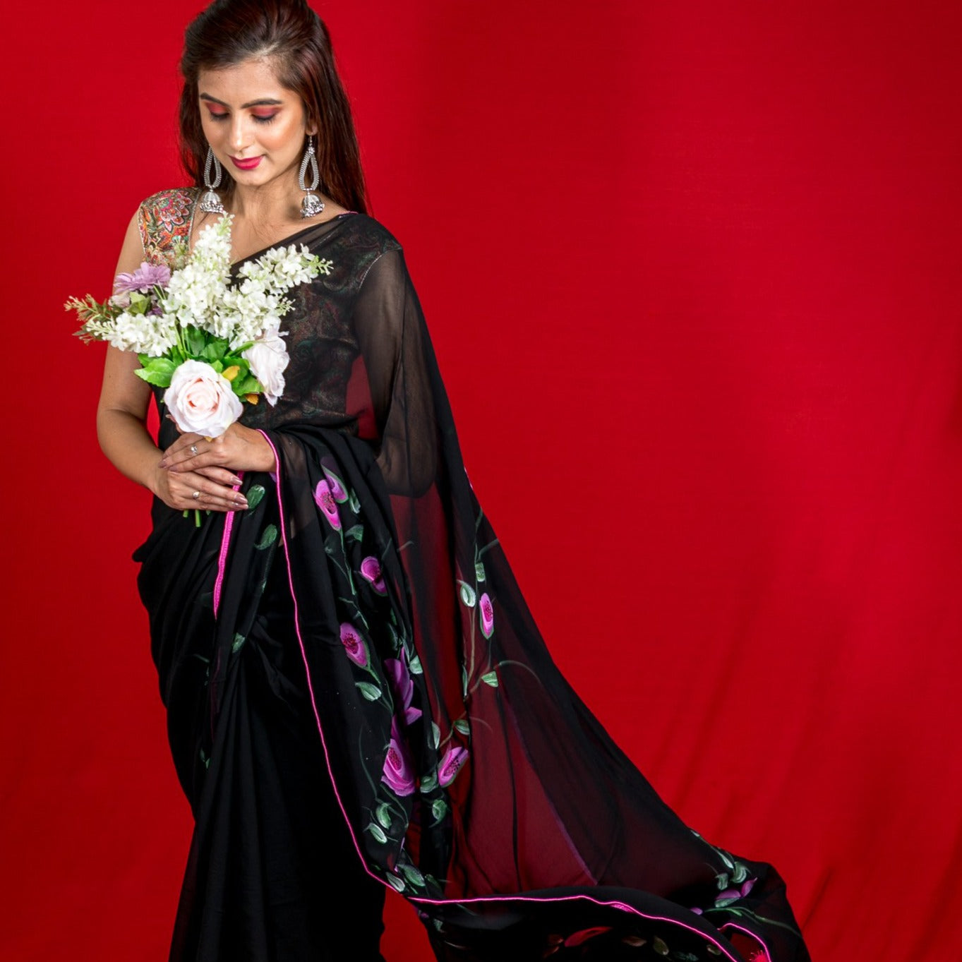 Georgette Hand-Painted Saree - Roses - Black