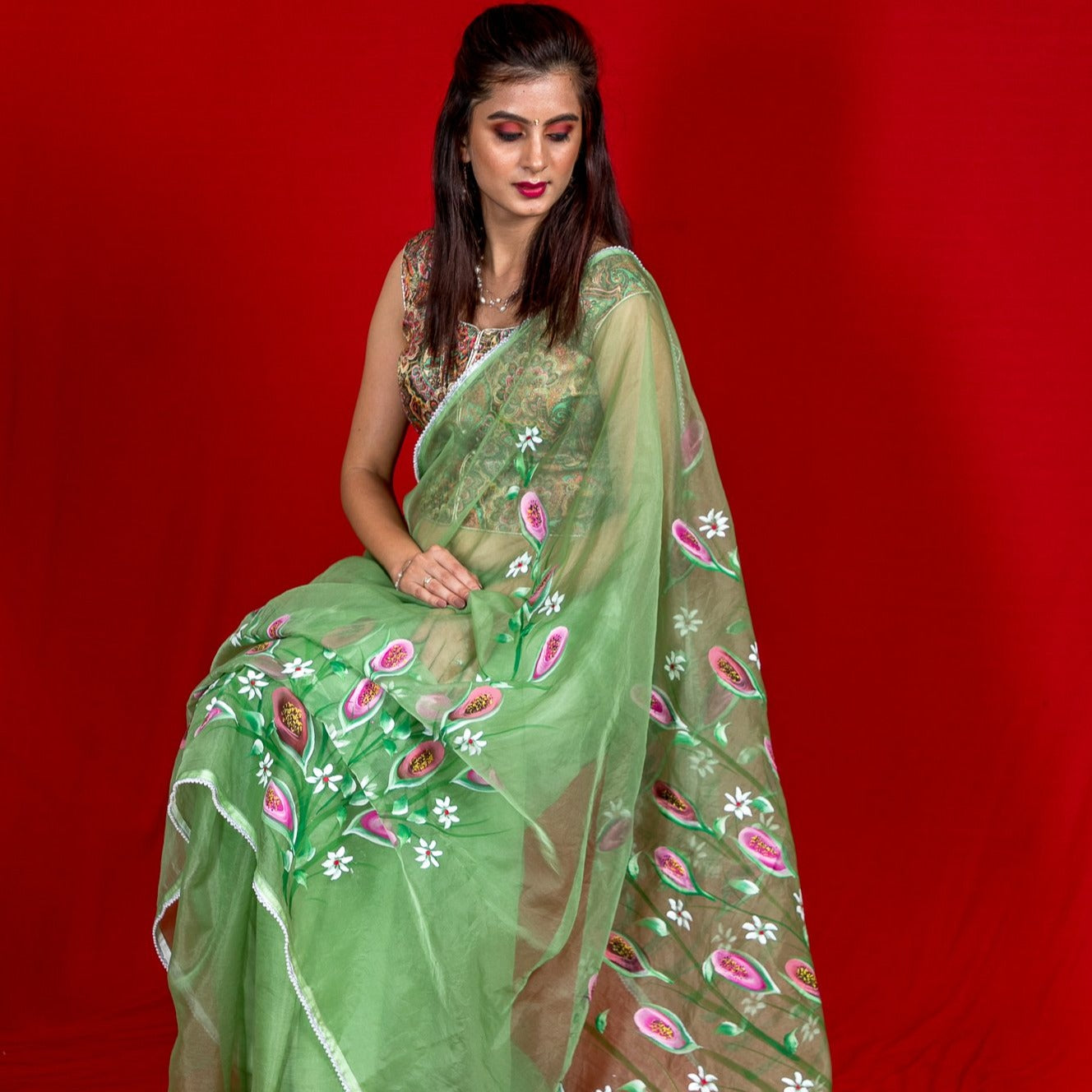 Organza Hand-Painted Saree - Lillies - Light Green