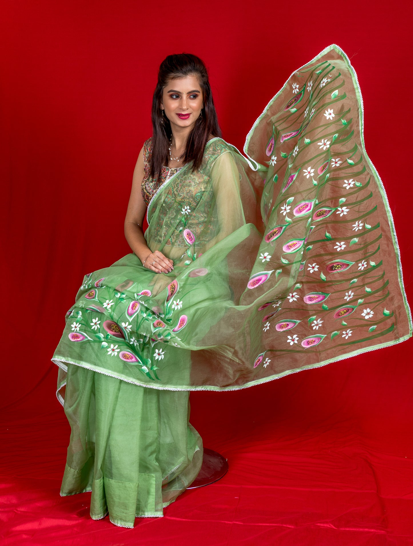 Organza Hand-Painted Saree - Lillies - Light Green