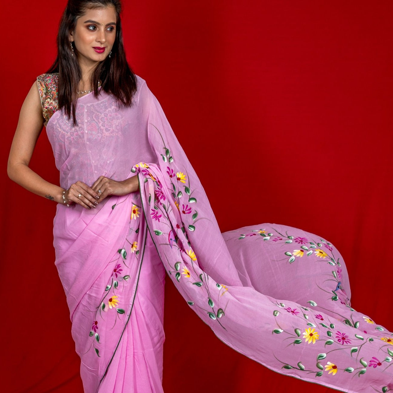 Georgette Hand-Painted Saree - Light Pink