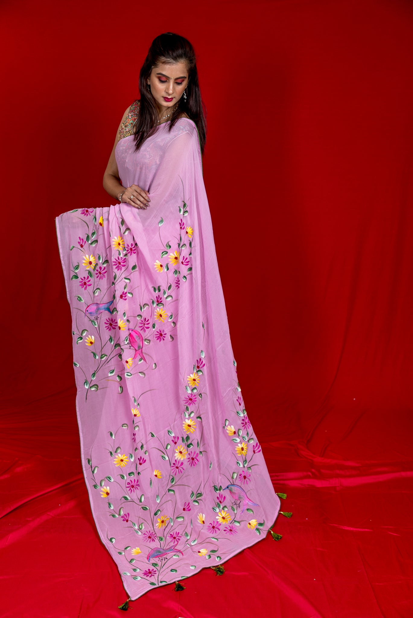 Georgette Hand-Painted Saree - Robin - Light Pink