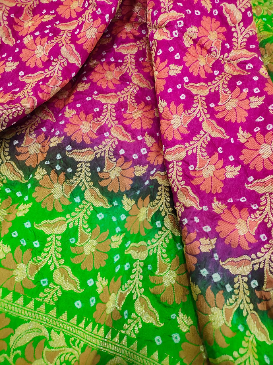 Dupion Silk Banarasi Weave with Bandhani Saree - Green and Pink