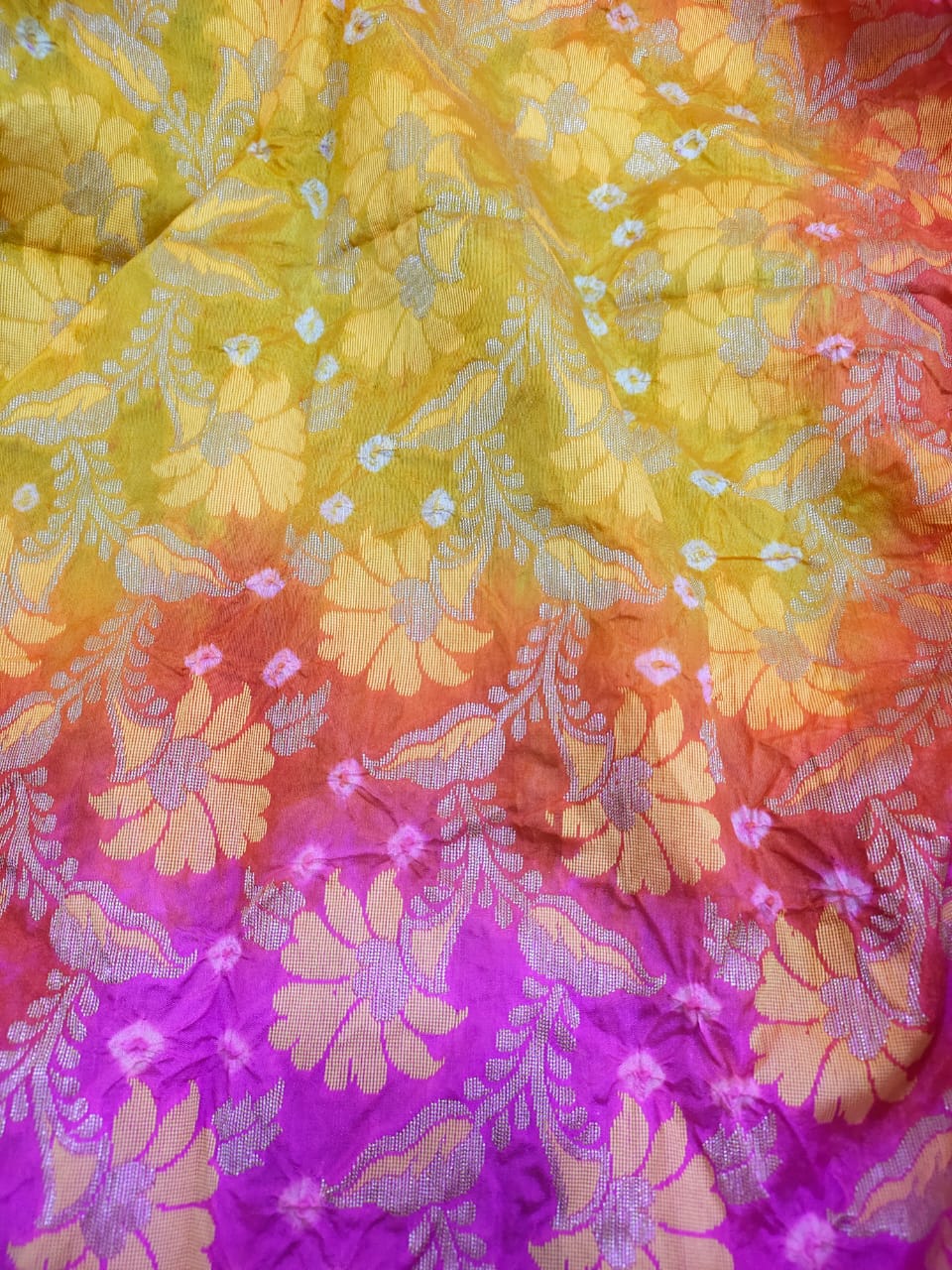 Dupion Silk Banarasi Weave with Bandhani Saree - Pink and Yellow