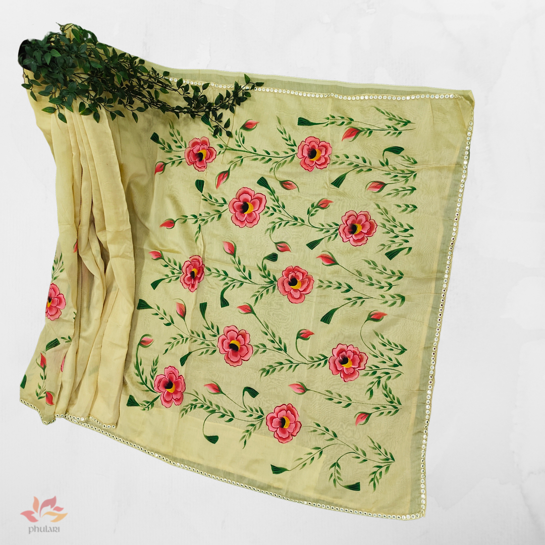 Chanderi Hand-Painted Saree with Flowers - Beige Gold