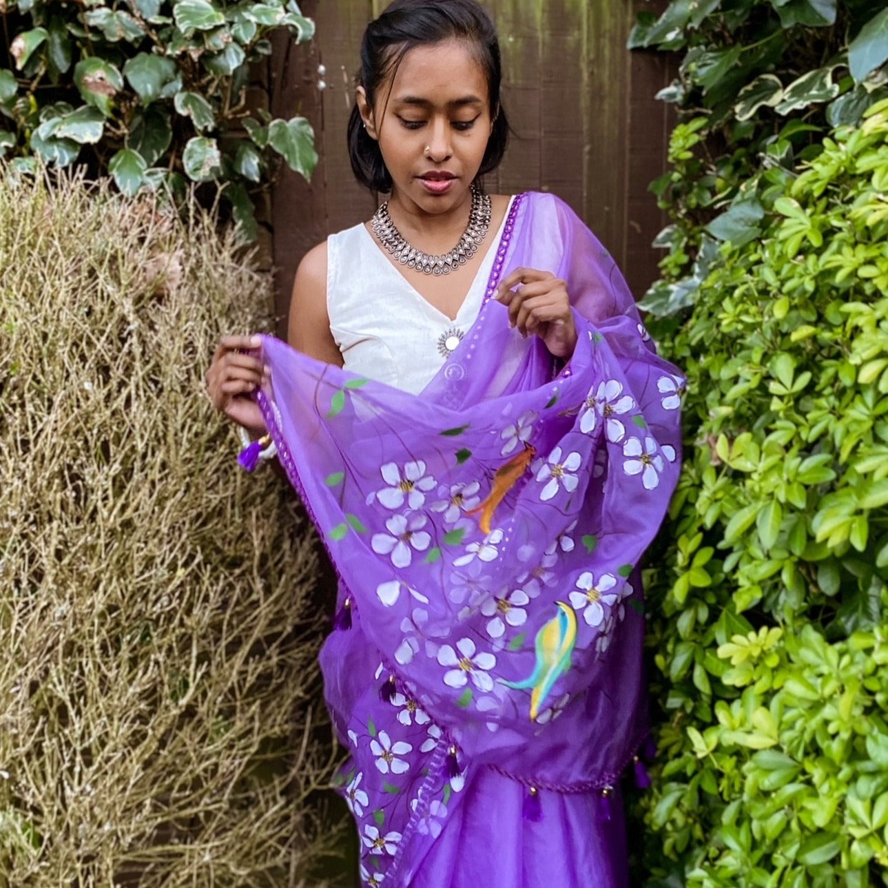 Organza Hand-Painted Saree with Birds & Flowers - Purple