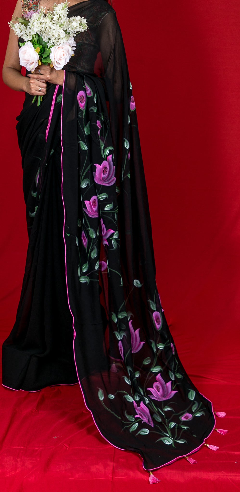 Georgette Hand-Painted Saree - Roses - Black