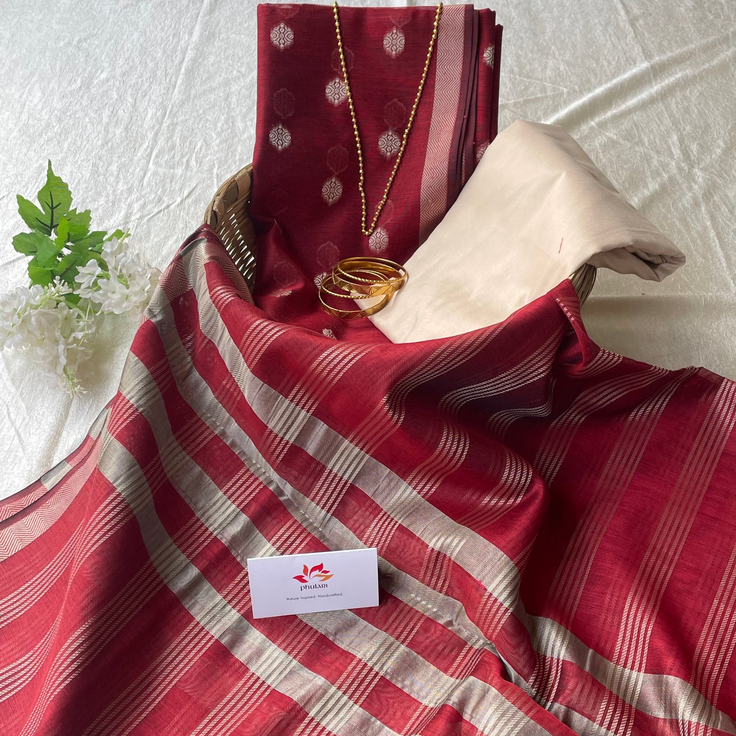 Banarasi Cotton Silk Unstitched Salwar Suit Fabric - Maroon and Cream