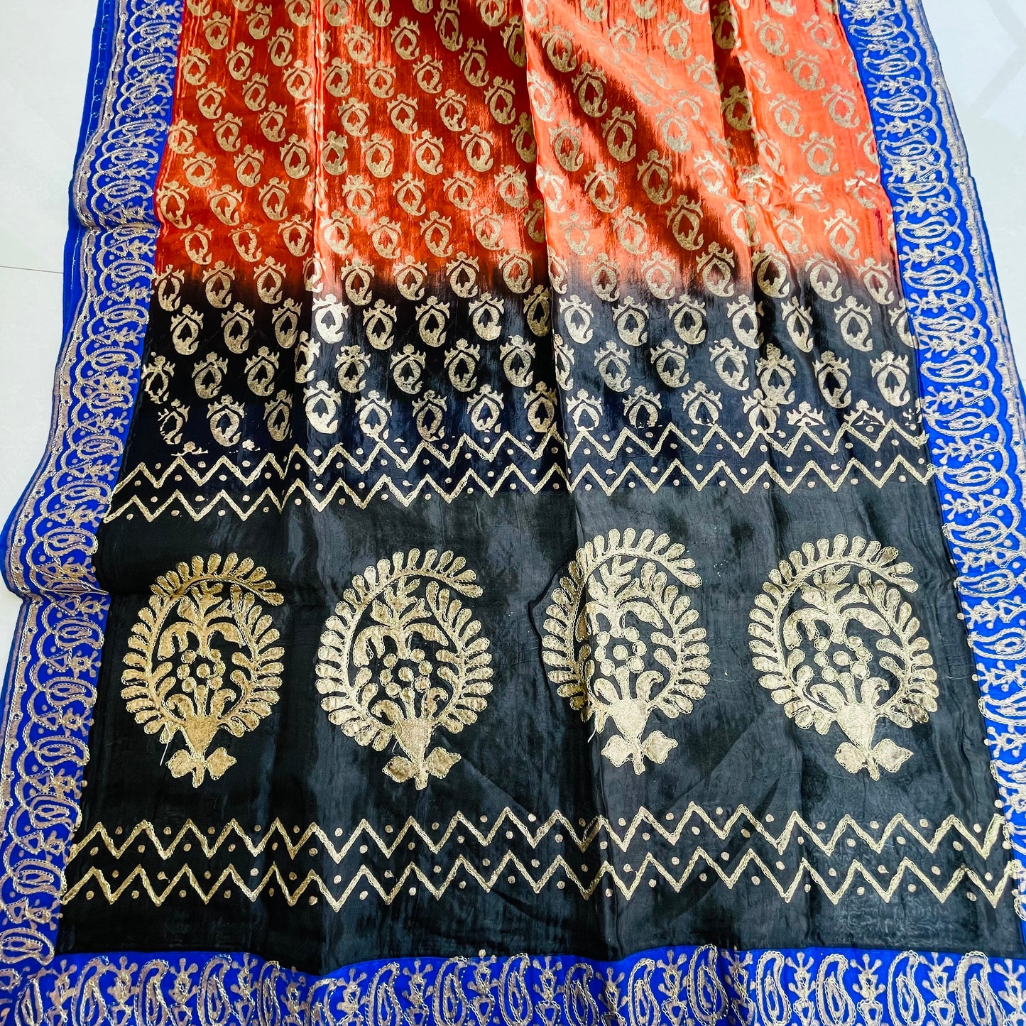 Hand Painted and embroidered Chinnon Dupatta - Orange and Gold