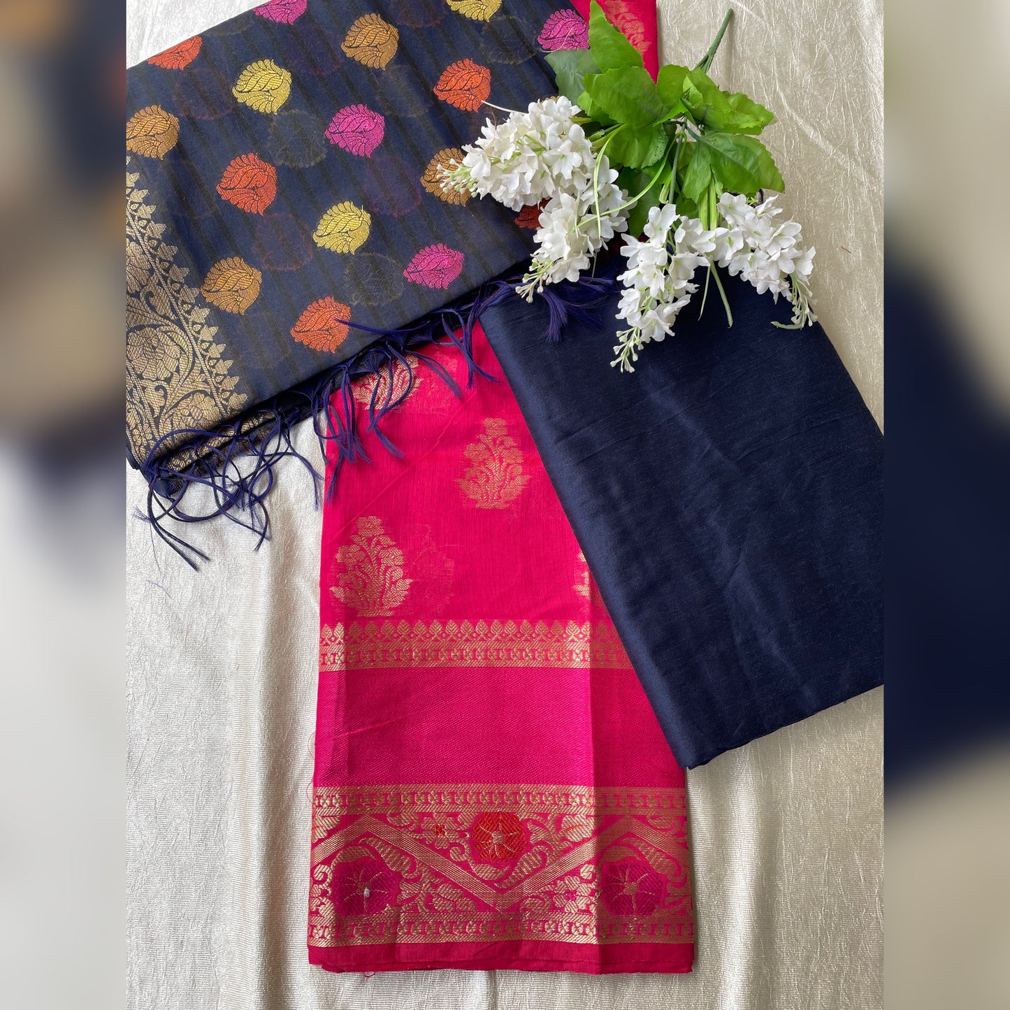 Banarasi Cotton Silk Unstitched Salwar Suit Fabric - Dark Pink with Gold jari and Navy Blue