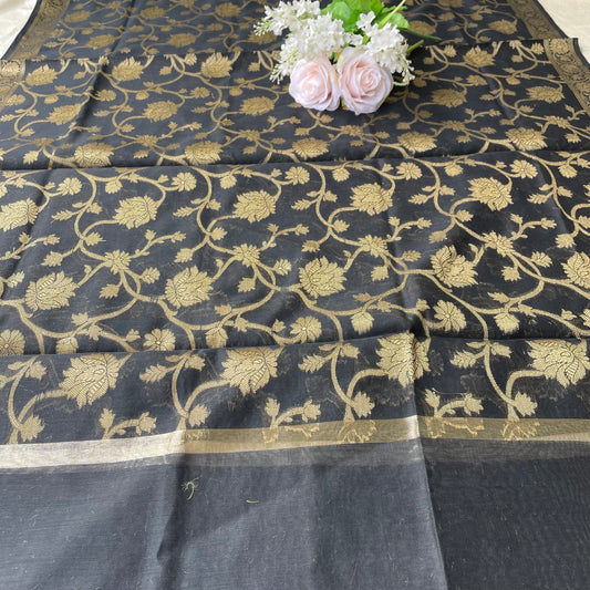 Banarasi Cotton Silk With Floral Pattern Jaal Dupatta- Black