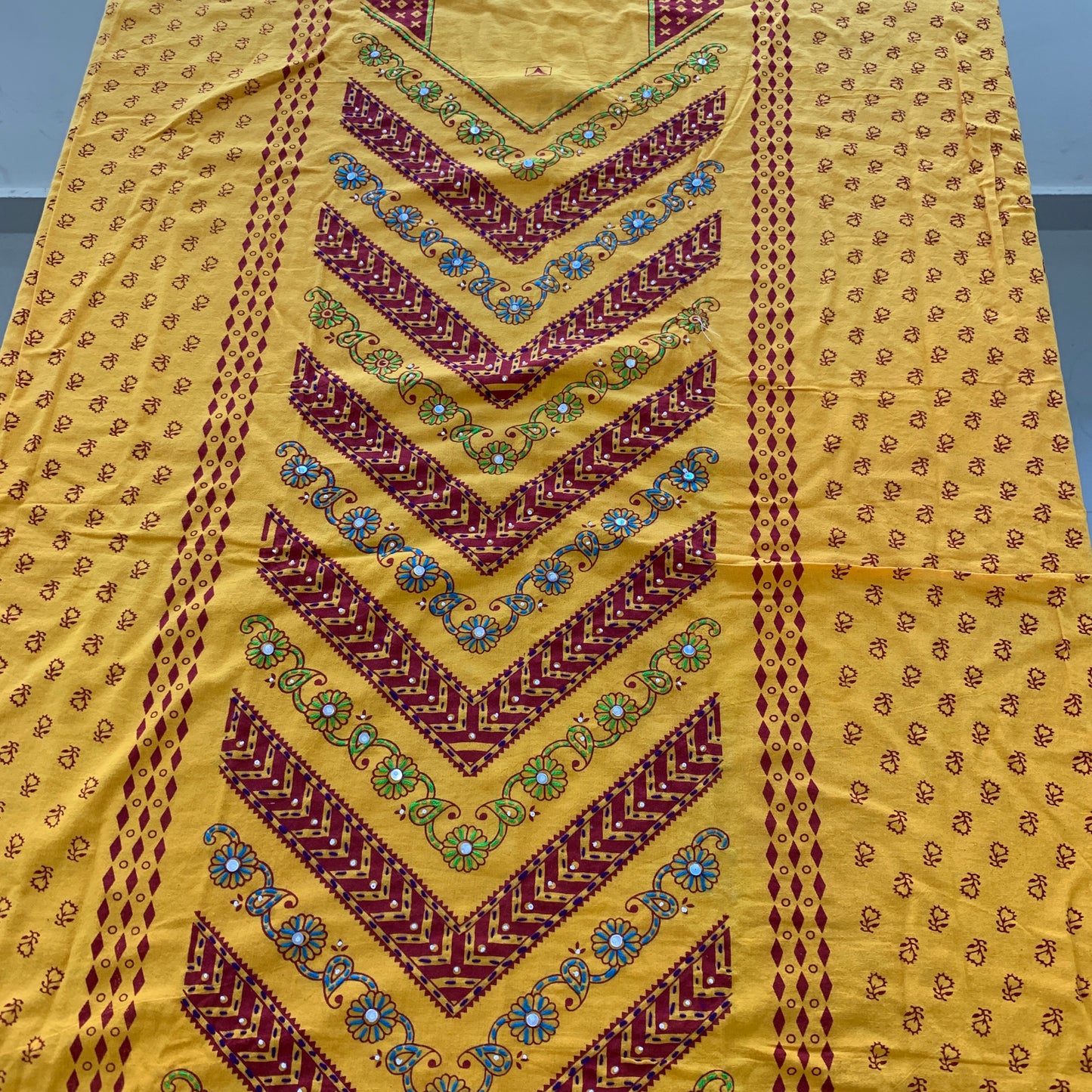 Kutchi work Salwar suit fabric - Yellow Red