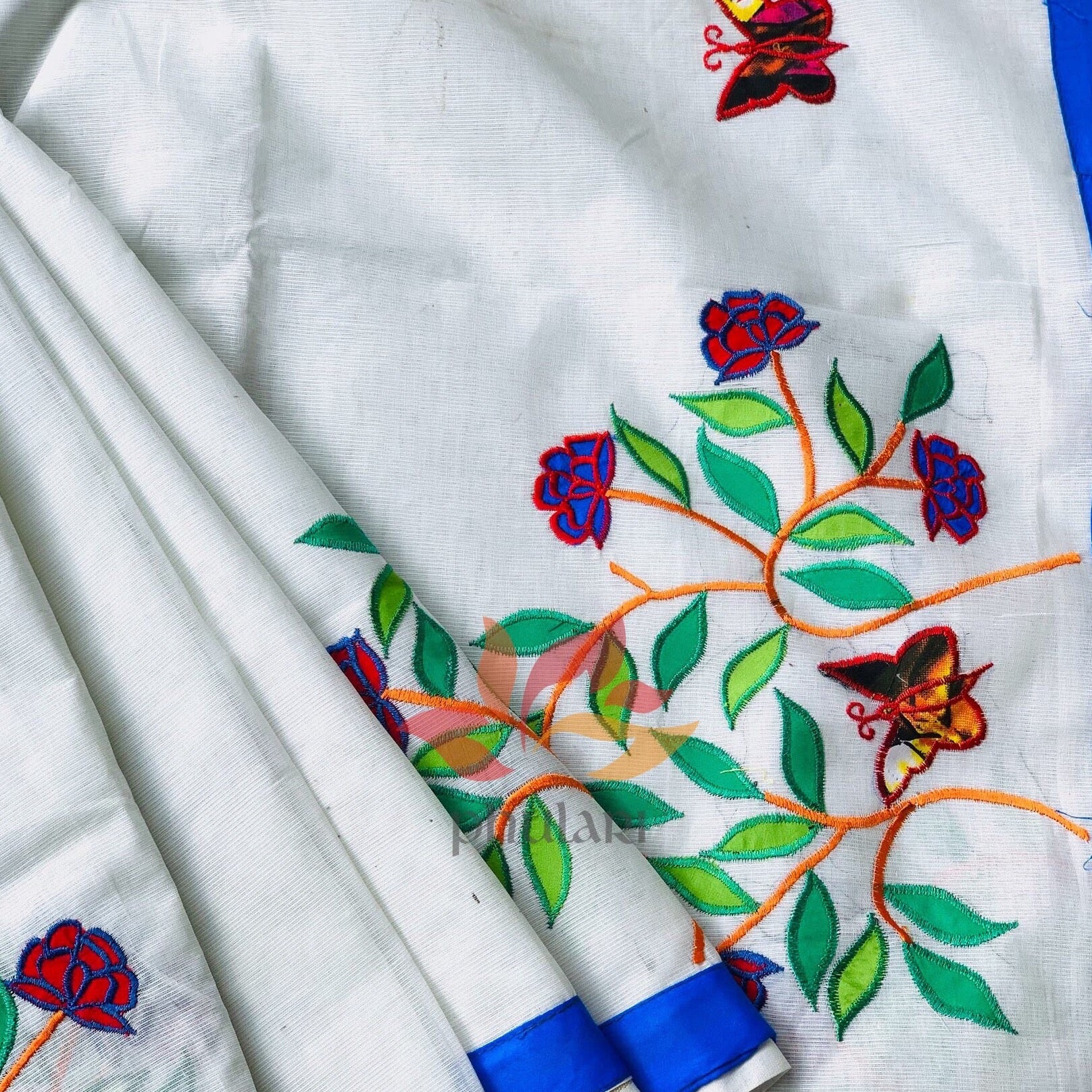 Bangladeshi Tant Saree Appliqué Work Embroidery Butterfly - White Blue - Phulari 